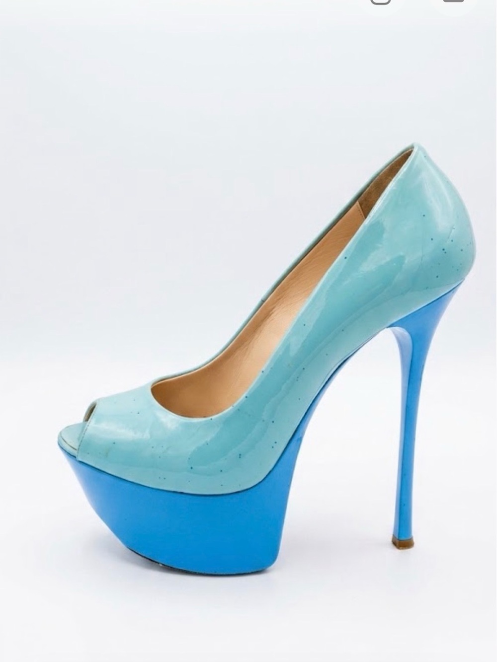 Gianmarco Lorenzi Two-Tone Sky Blue Patent Peep-Toe Platform Pumps